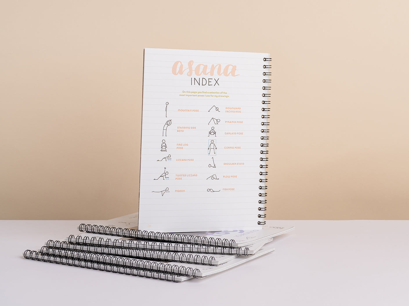 Inside view of the yoga stick figure booklet showing the mini asana index
