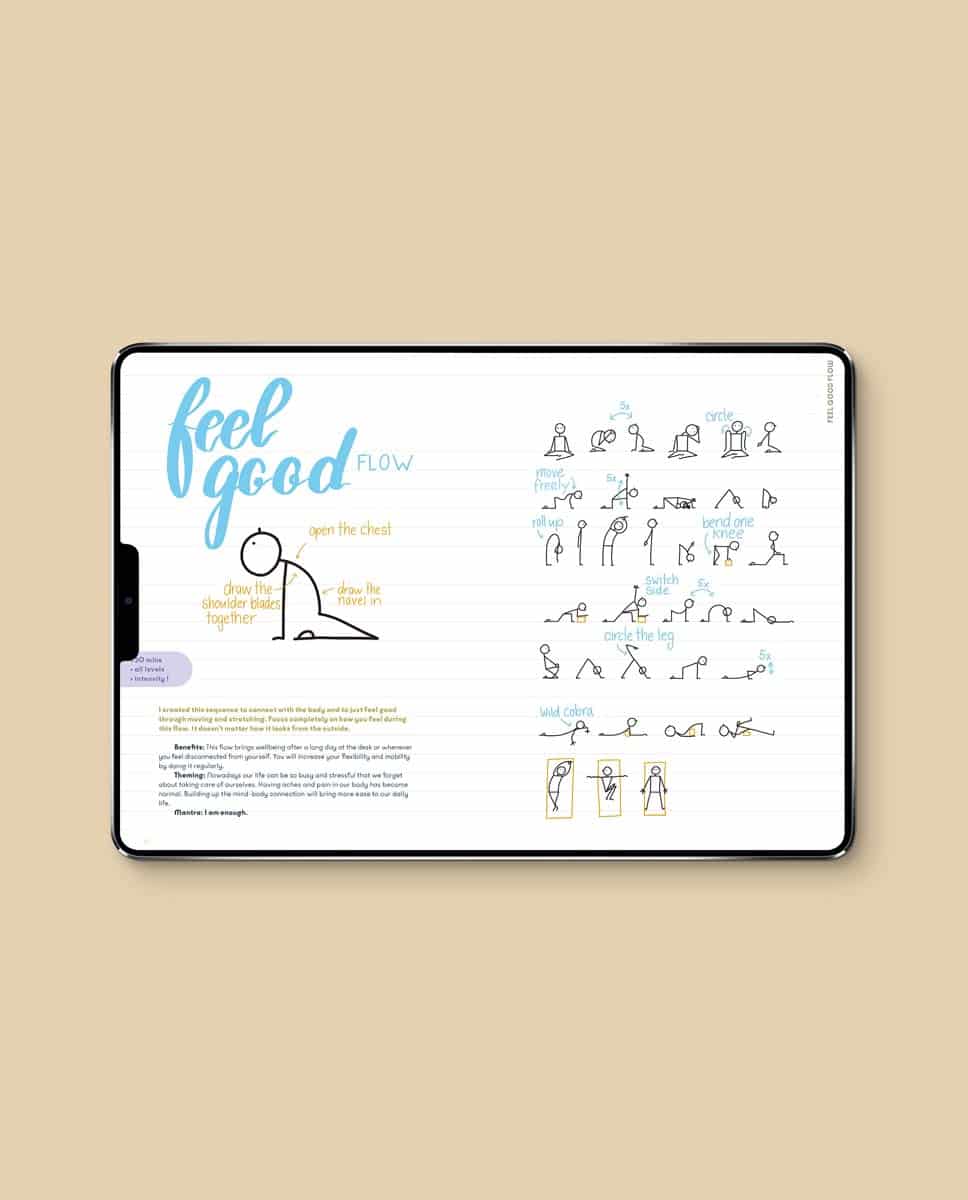 Yoga stick figure PDF sample page with illustrated sequence and pose names
