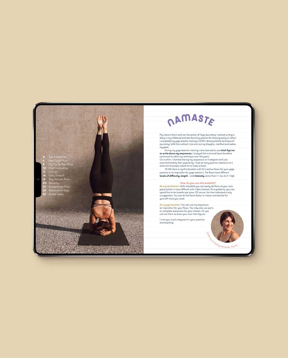 Yoga stick figure PDF sample page with index and intro text