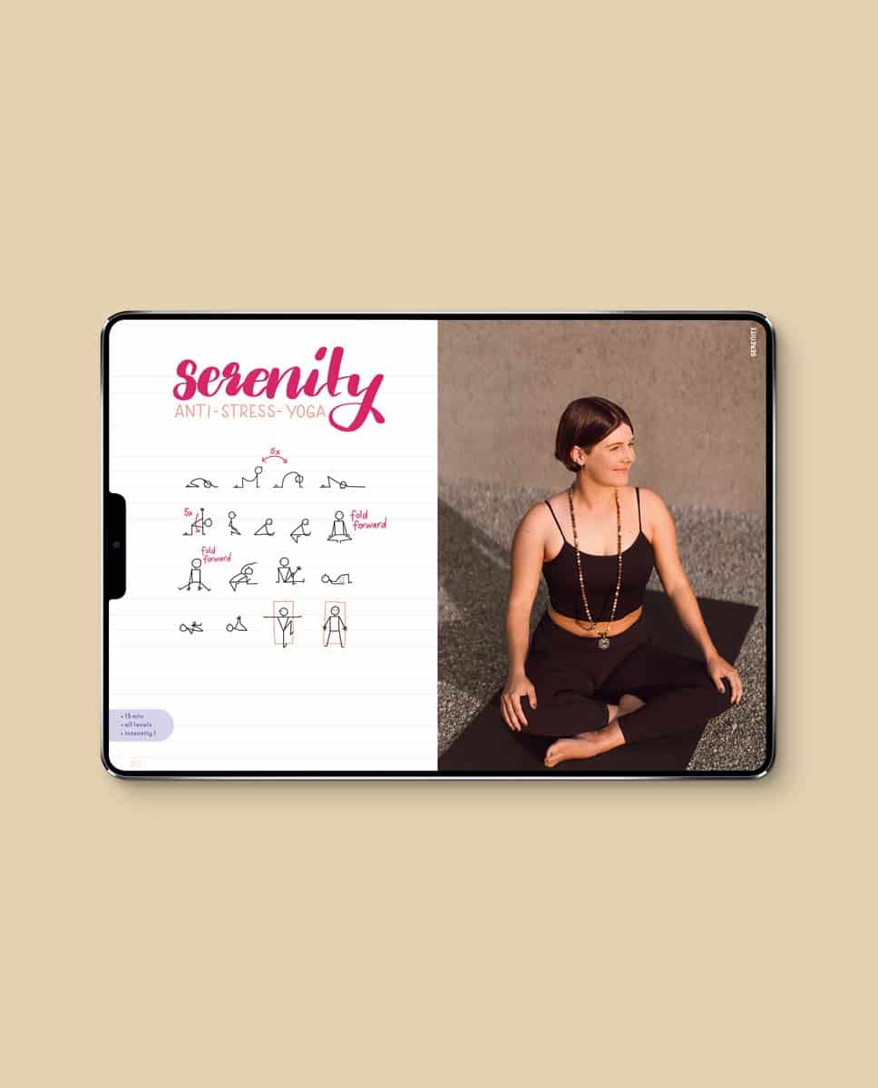Yoga stick figure PDF sample page with illustrated sequence and pose names
Serenity Flow Anti Stress Yoga