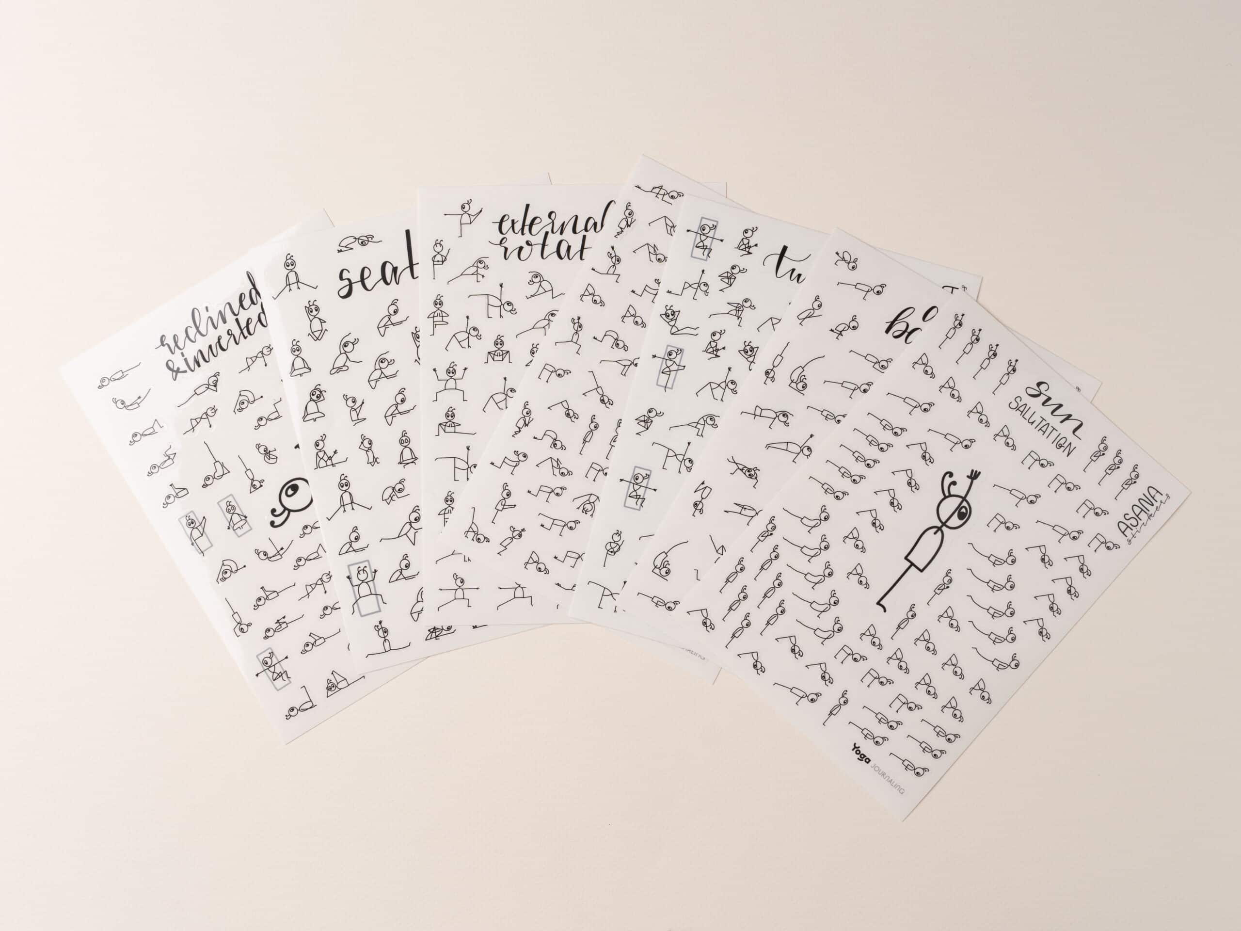Minimalist yoga stick figure stickers showing popular asanas like downward dog and warrior pose