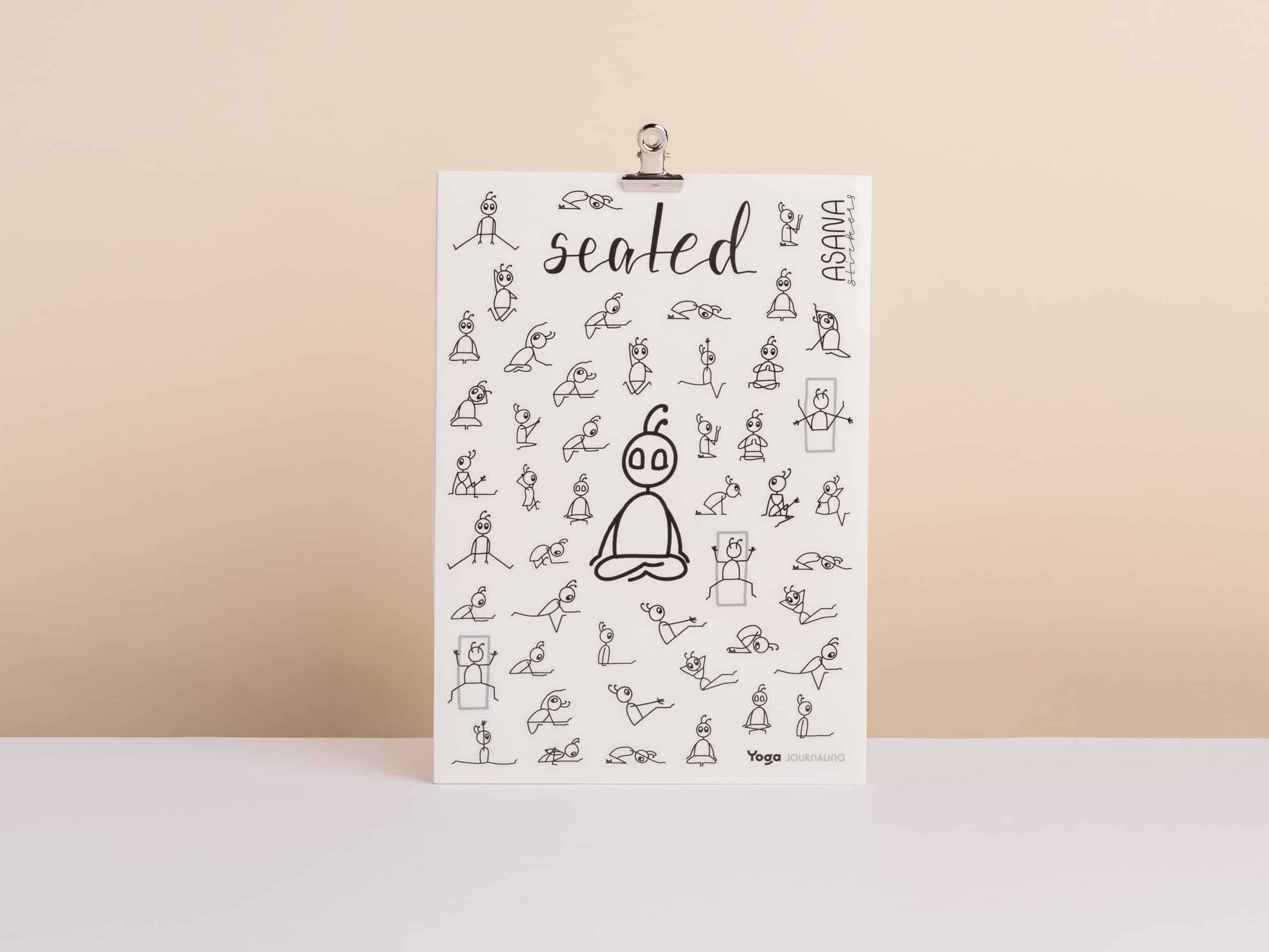 Notebook transformed with yoga flow stickers – stick figure asana sequences bring your practice to life