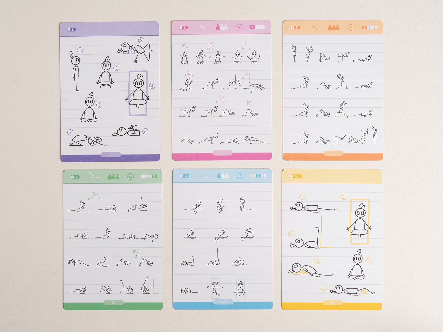 Flatlay of yoga card deck with stick figure flows – a calming and inspiring gift for yoga lovers at any level