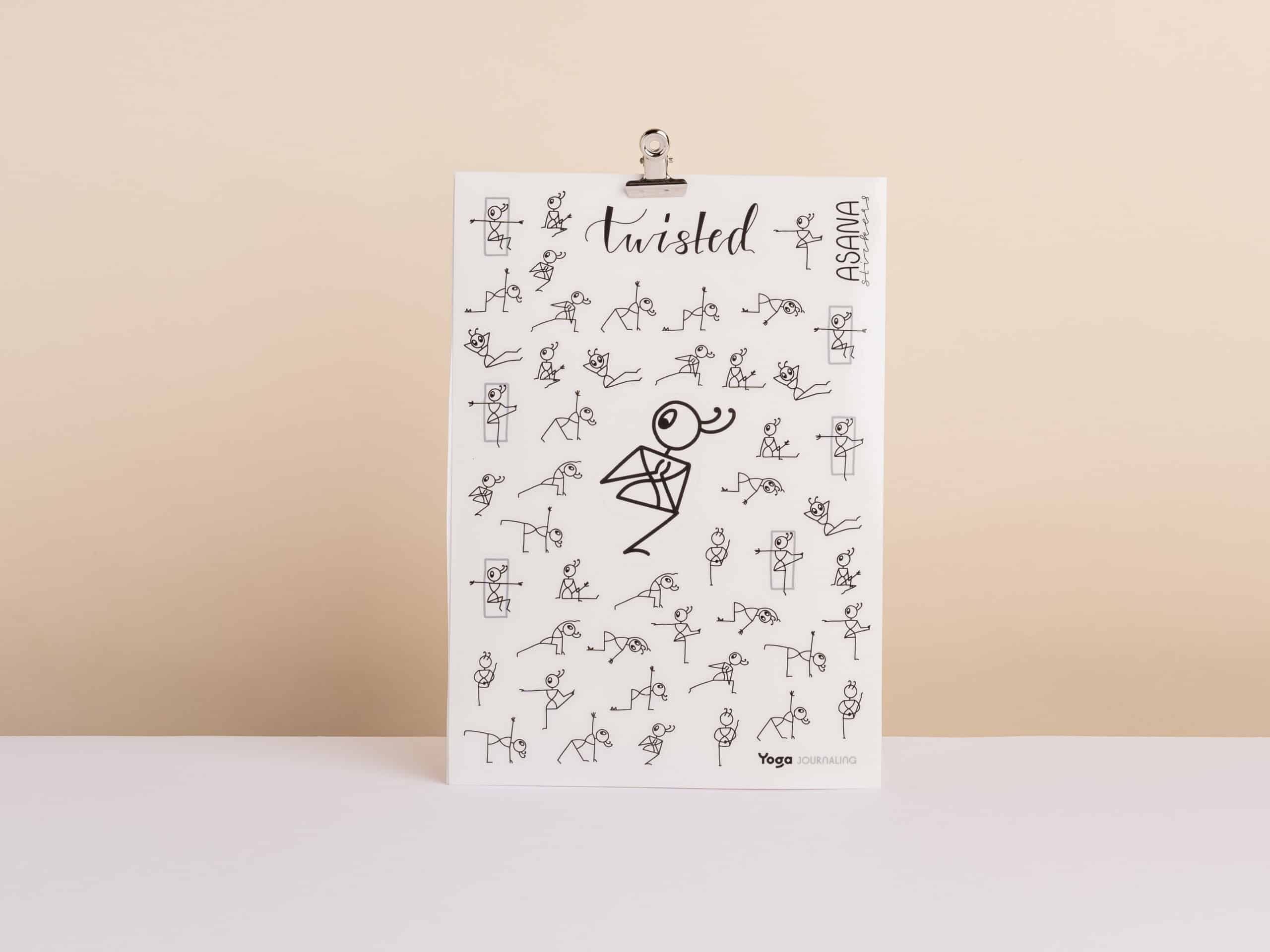 Yoga Flow Stickers and notebook pages showing hand-placed asana stickers forming complete sequences

