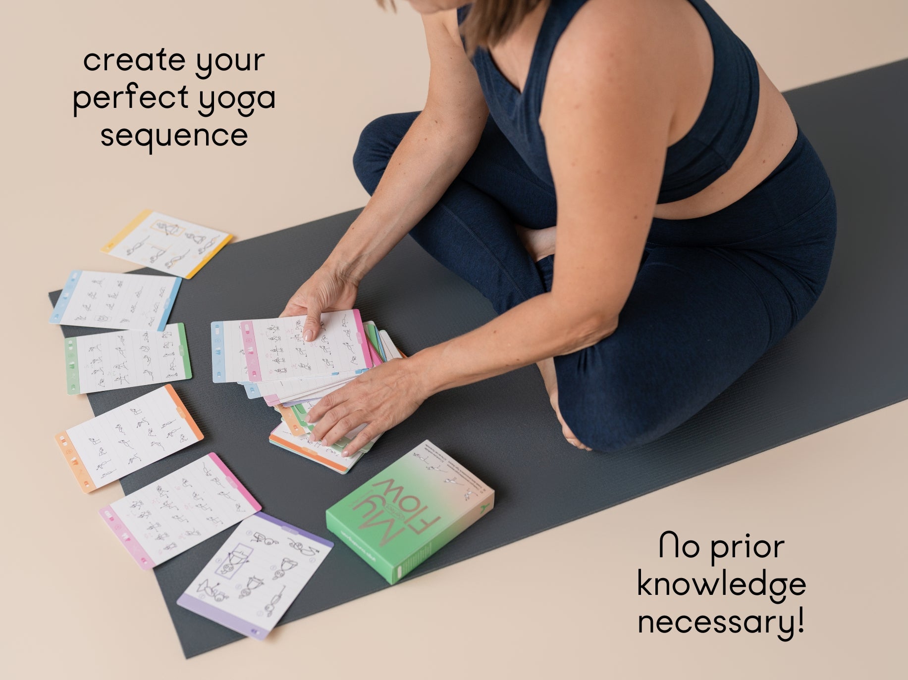 Yoga cards from the My Perfect Flow deck displayed with card stand, showing small flow sequences for creative yoga routines
