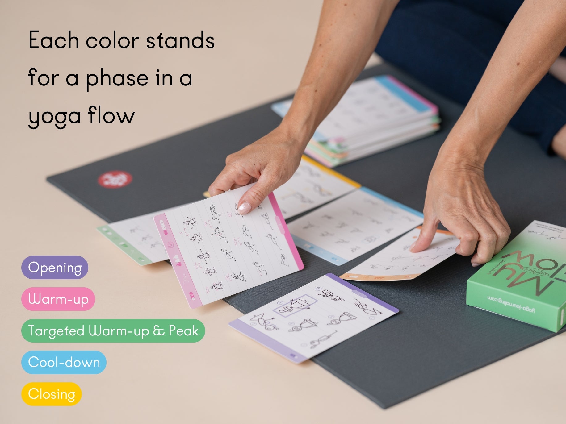 My Perfect Flow yoga cards paired with yoga blocks and a strap – enhance your home practice or gift it to a yoga friend